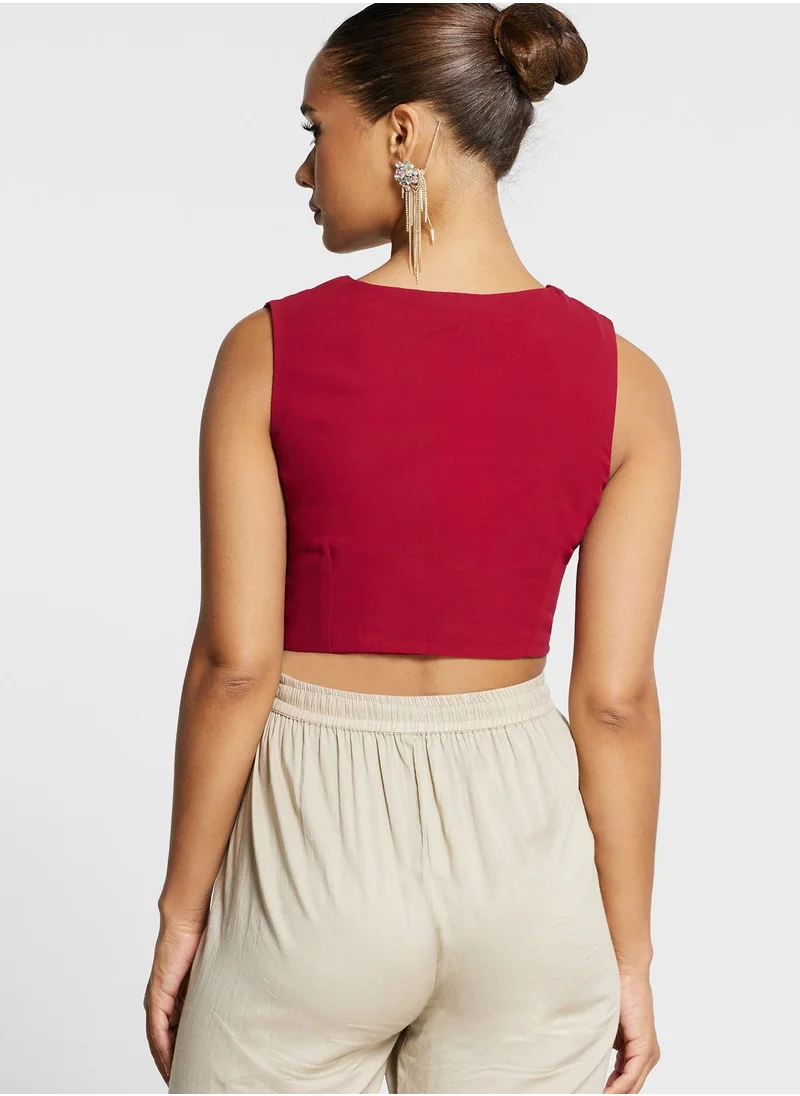 indya V-Neck Embroidered Crop Top