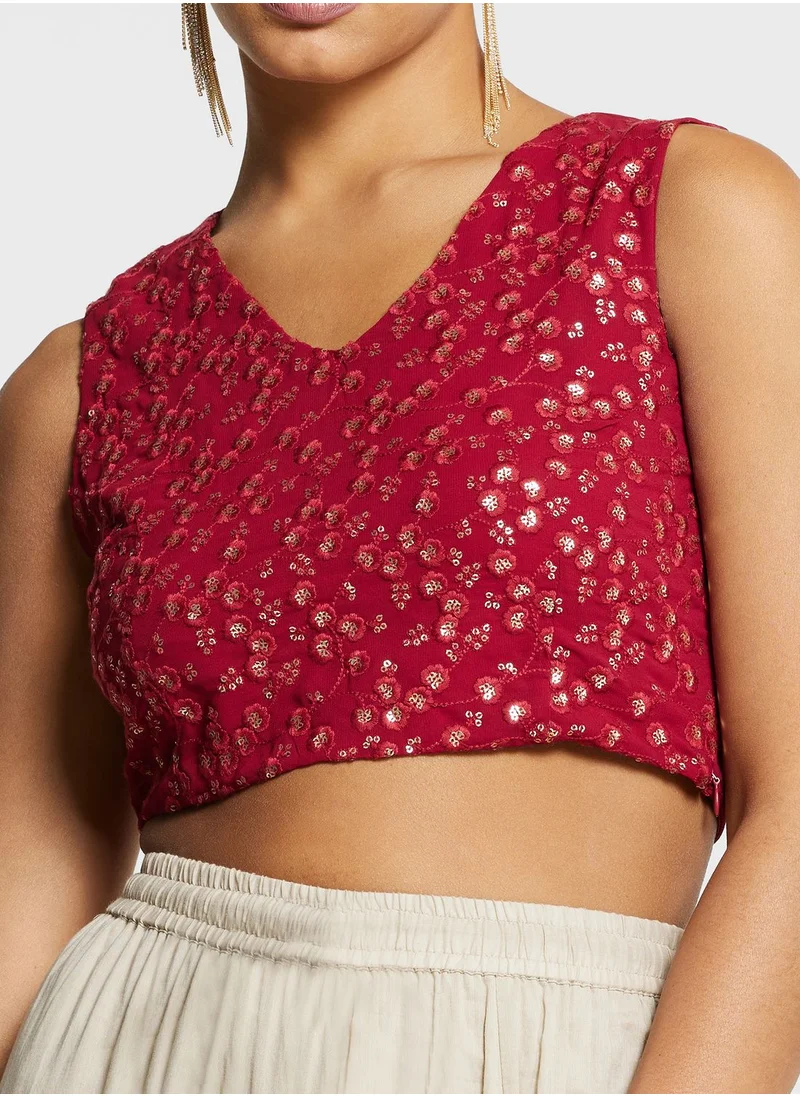 indya V-Neck Embroidered Crop Top