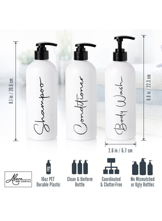 Alora 16Oz Refillable Shampoo And Conditioner Dispenser Bottles Set Of 3 Stylish Labels Pump Bottle Dispenser For Shampoo Conditioner Body Wash Empty Plastic Refillable Containers For Shower - Image 3