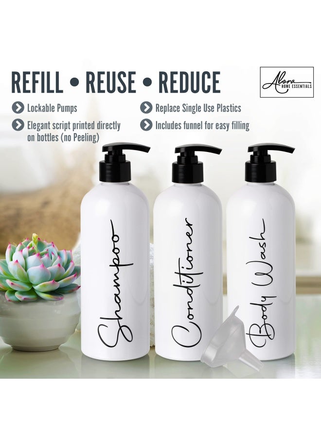 Alora 16Oz Refillable Shampoo And Conditioner Dispenser Bottles Set Of 3 Stylish Labels Pump Bottle Dispenser For Shampoo Conditioner Body Wash Empty Plastic Refillable Containers For Shower - Image 2