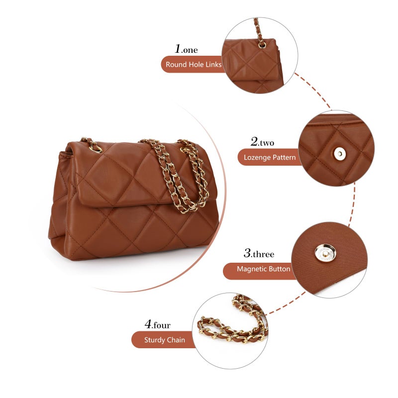 Gladdon Quilted Crossbody Purses for Women Small Ladies Shoulder Bags with Chain Trendy Clutch Purse Cute Designer Bag Brown I - Image 5