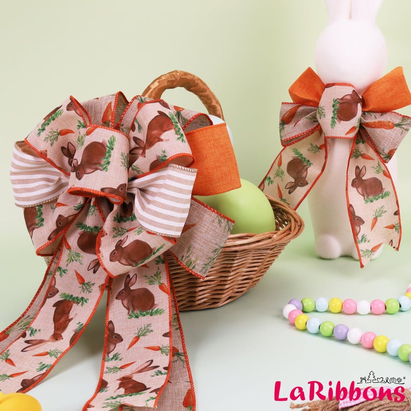 Laribbons Easter Ribbon Wired 4 Rolls 2.5 Inch X 24 Yards Ttl  Orange Carrot Bunny Easter Ribbon For Baskets  Striped Wide Easter Ribbon For Crafts Spring Wreath Gift Wrapping Bow Decoration - Image 3