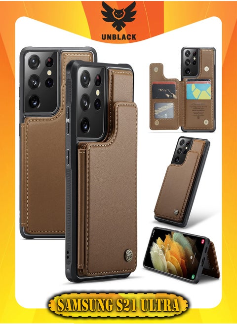 Wallet Case for Samsung Galaxy S21 Ultra, Premium Handmade Durable PU Leather Slim Shockproof Case with [Double Magnetic Clasp] [Card Holder] [Kickstand] [RFID Blocking] (Brown)