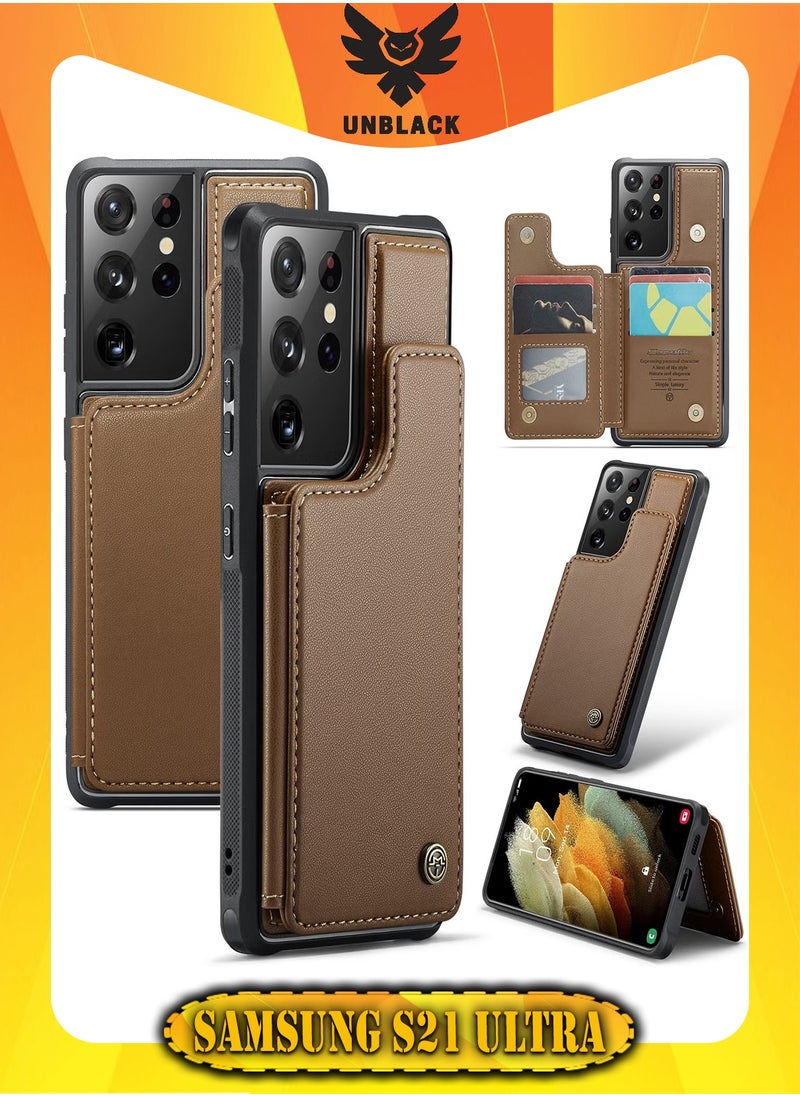 CaseMe - Wallet Case for Samsung Galaxy S21 Ultra, Premium Handmade Durable PU Leather Slim Shockproof Case with [Double Magnetic Clasp] [Card Holder] [Kickstand] [RFID Blocking] (Brown) - Image 1
