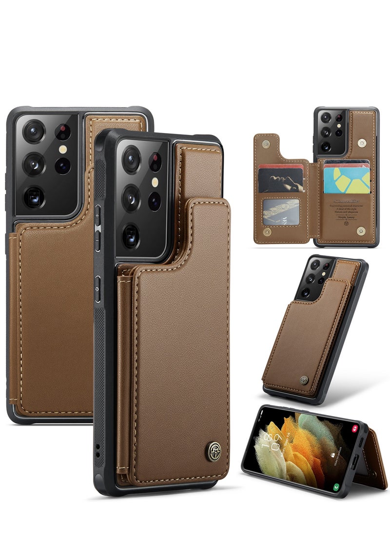 CaseMe - Wallet Case for Samsung Galaxy S21 Ultra, Premium Handmade Durable PU Leather Slim Shockproof Case with [Double Magnetic Clasp] [Card Holder] [Kickstand] [RFID Blocking] (Brown) - Image 1