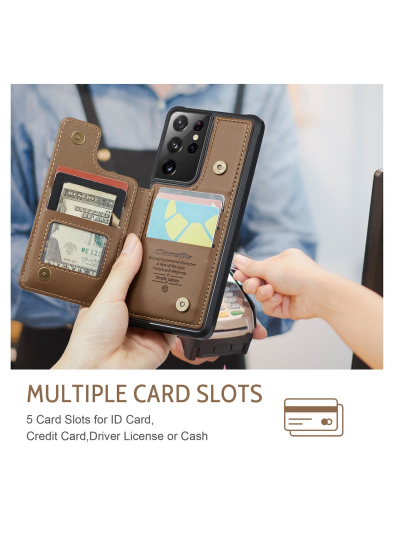 CaseMe - Wallet Case for Samsung Galaxy S21 Ultra, Premium Handmade Durable PU Leather Slim Shockproof Case with [Double Magnetic Clasp] [Card Holder] [Kickstand] [RFID Blocking] (Brown) - Image 1