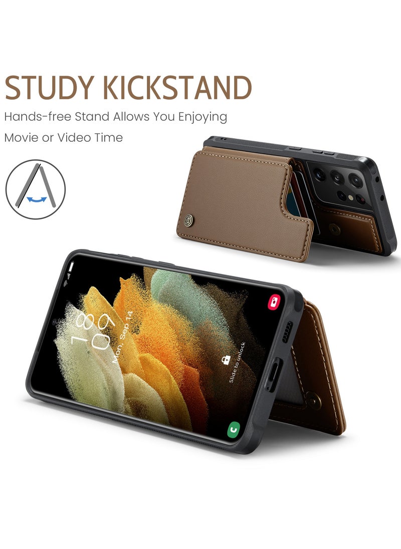 CaseMe - Wallet Case for Samsung Galaxy S21 Ultra, Premium Handmade Durable PU Leather Slim Shockproof Case with [Double Magnetic Clasp] [Card Holder] [Kickstand] [RFID Blocking] (Brown) - Image 1