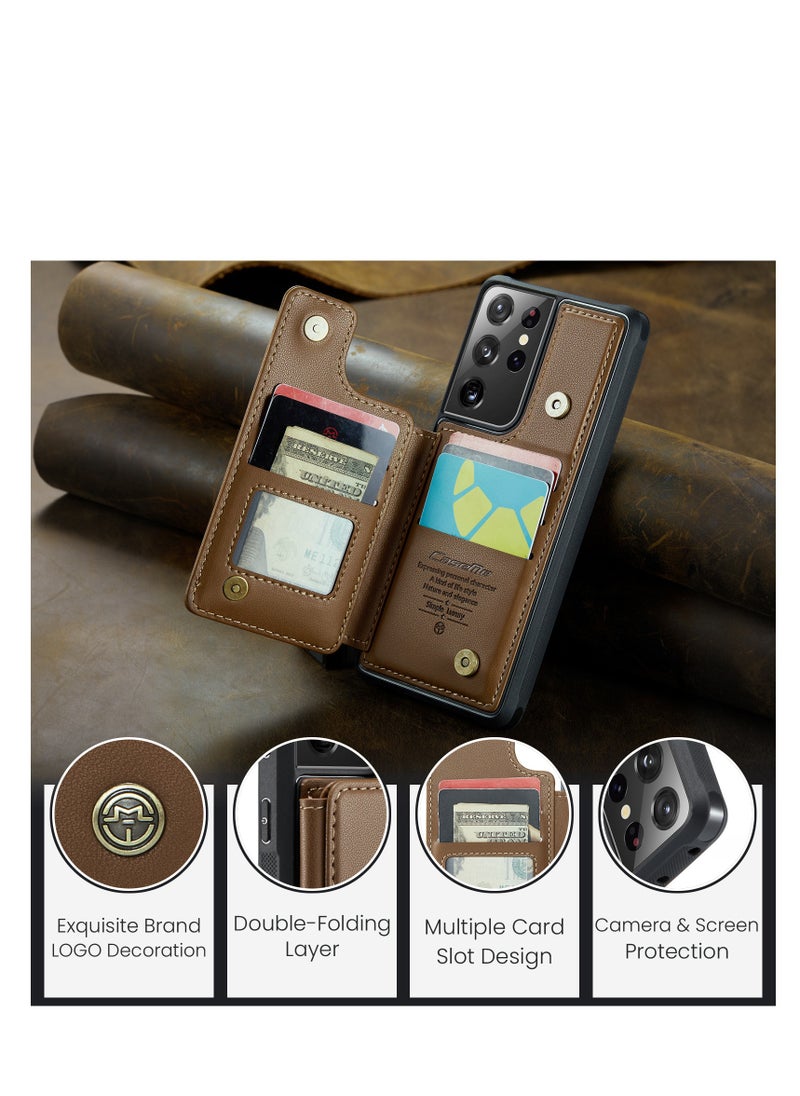 CaseMe - Wallet Case for Samsung Galaxy S21 Ultra, Premium Handmade Durable PU Leather Slim Shockproof Case with [Double Magnetic Clasp] [Card Holder] [Kickstand] [RFID Blocking] (Brown) - Image 1