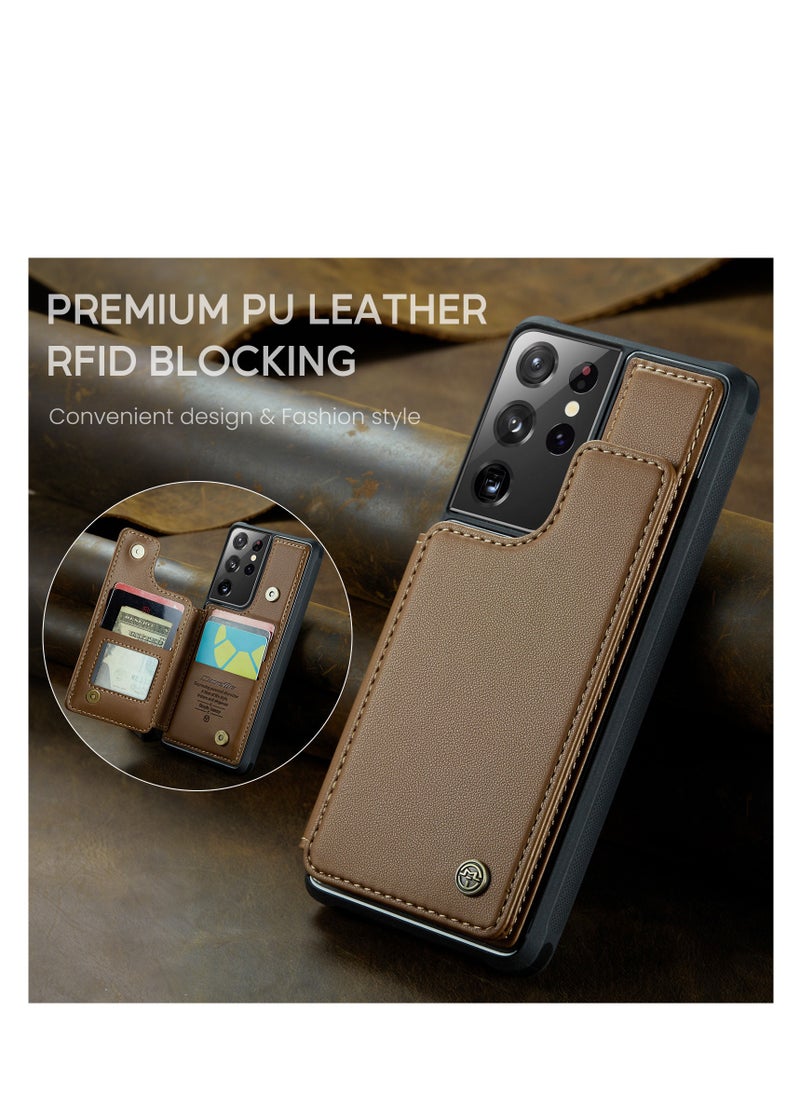 CaseMe - Wallet Case for Samsung Galaxy S21 Ultra, Premium Handmade Durable PU Leather Slim Shockproof Case with [Double Magnetic Clasp] [Card Holder] [Kickstand] [RFID Blocking] (Brown) - Image 1