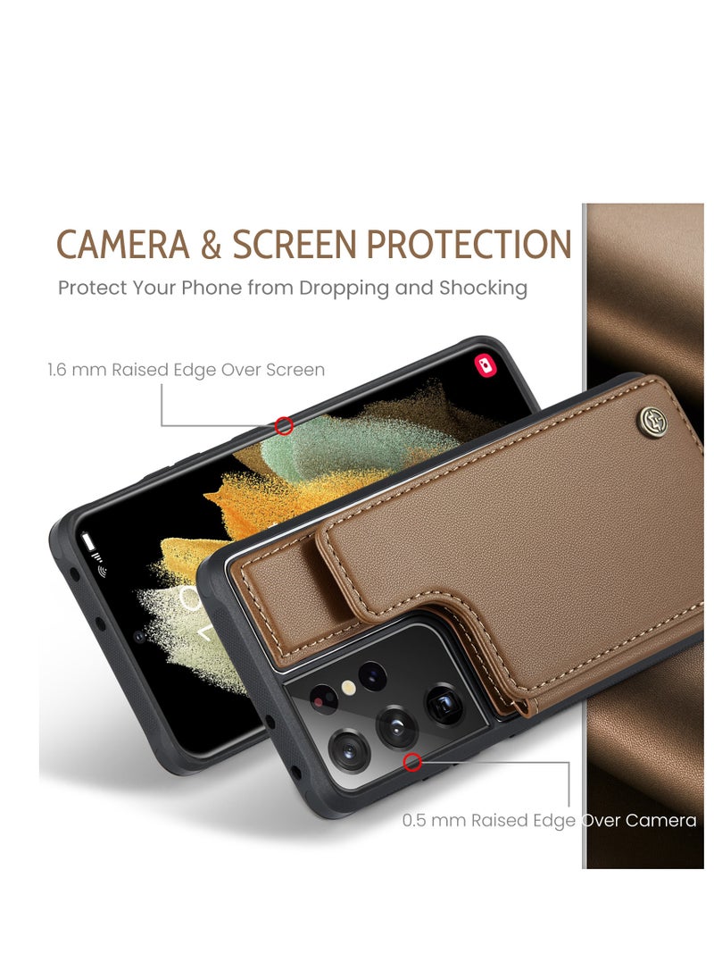 CaseMe - Wallet Case for Samsung Galaxy S21 Ultra, Premium Handmade Durable PU Leather Slim Shockproof Case with [Double Magnetic Clasp] [Card Holder] [Kickstand] [RFID Blocking] (Brown) - Image 1
