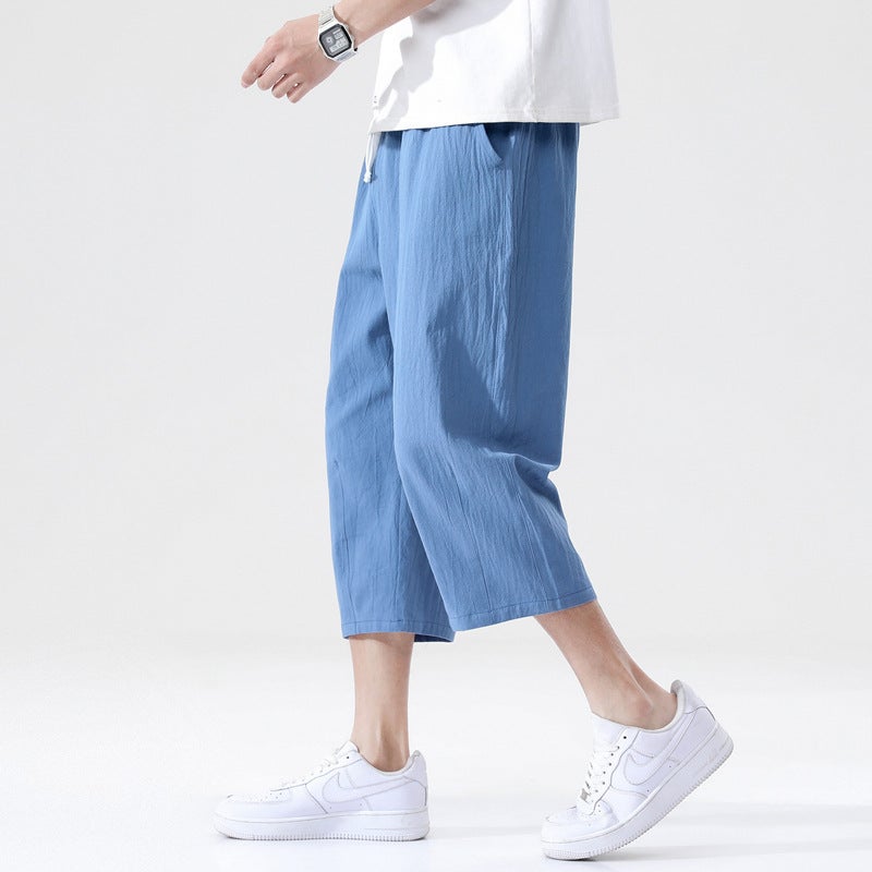 Summer Cotton-Linen Mens Casual Capris Khaki  - Image 3