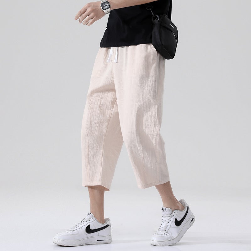 Summer Cotton-Linen Mens Casual Capris Khaki  - Image 1