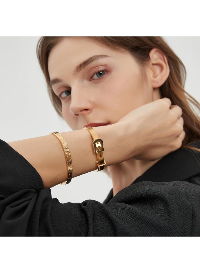 Jaline Unisex Gold Silver Rose Gold Plated Stainless Steel Roman Numeral Bangle Bracelet - Image 2