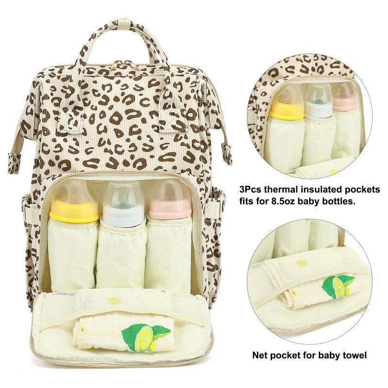 Yusudan Corduroy Diaper Bag Backpack for Baby Girls Boys, Women Large Nappy Bags for Mom (Beige Corduroy Leopard) - Image 3