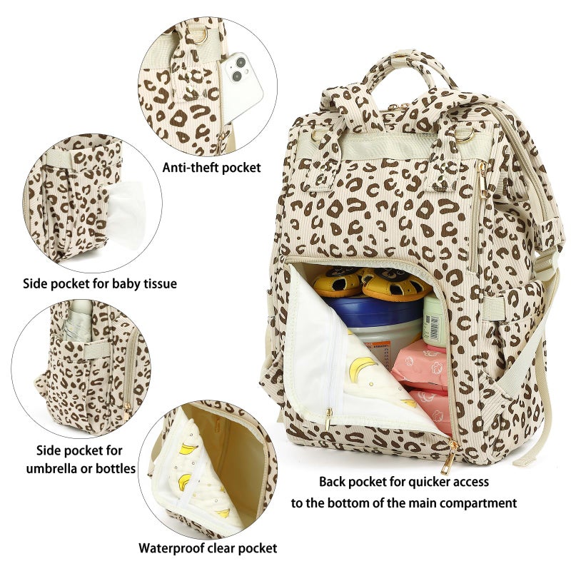 Yusudan Corduroy Diaper Bag Backpack for Baby Girls Boys, Women Large Nappy Bags for Mom (Beige Corduroy Leopard) - Image 4