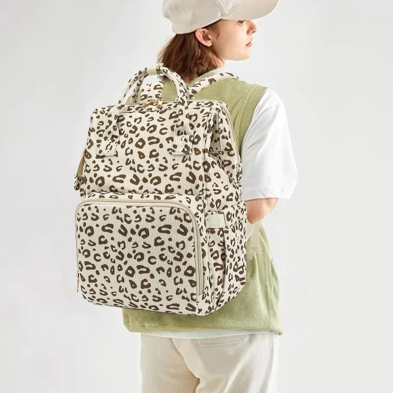 Yusudan Corduroy Diaper Bag Backpack for Baby Girls Boys, Women Large Nappy Bags for Mom (Beige Corduroy Leopard) - Image 2