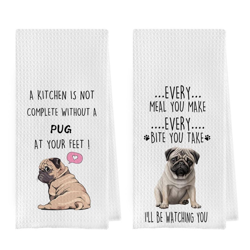 Geqtt Funny Pug Dish Towels Set - Pug Waffle Weave Kitchen Towels  Pug Decorative Hand Tea Towels for Bathroom Kitchen  Pug Gifts for Pug Lovers (16?24 Inches Set of 2) - Image 1