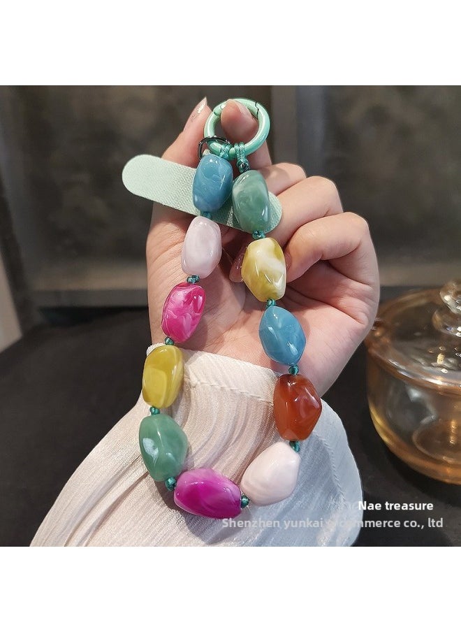 Generic - Mobile Phone Lanyard Color Beaded Stone Bracelet Ins Fashion Wrist Hanging Ornaments Beaded Hanging Chain High-end Mobile Phone Chain Women's Short Style-Specifications Support Image Upload:Wrist Style [grey] Special-shaped Stone String Chain + Gray Card Strip - Image 1