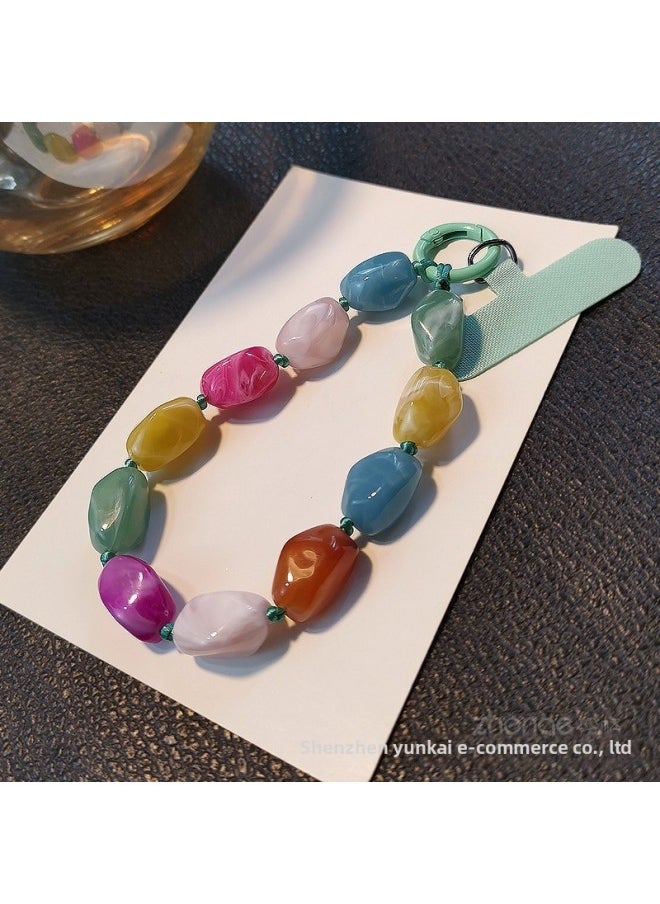 Generic - Mobile Phone Lanyard Color Beaded Stone Bracelet Ins Fashion Wrist Hanging Ornaments Beaded Hanging Chain High-end Mobile Phone Chain Women's Short Style-Specifications Support Image Upload:Wrist Style [grey] Special-shaped Stone String Chain + Gray Card Strip - Image 1