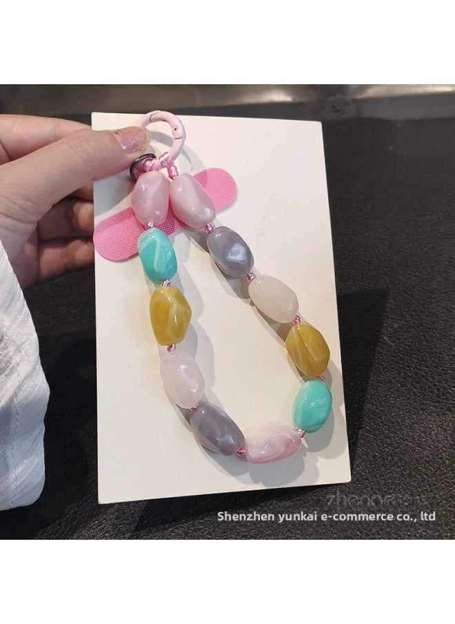 Generic - Mobile Phone Lanyard Color Beaded Stone Bracelet Ins Fashion Wrist Hanging Ornaments Beaded Hanging Chain High-end Mobile Phone Chain Women's Short Style-Specifications Support Image Upload:Wrist Style [grey] Special-shaped Stone String Chain + Gray Card Strip - Image 1