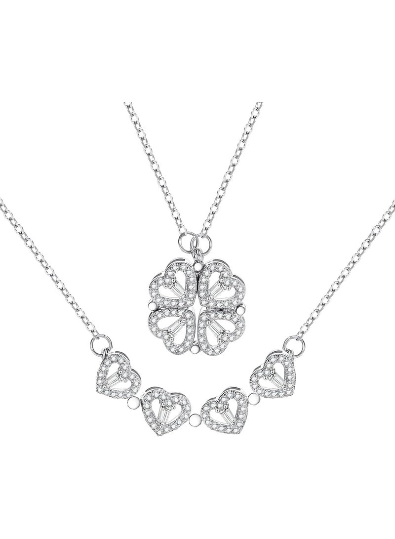 Julia Store 2-In-1 Lucky Clover Leaf Cute Heart Necklace Tiny 18k White Gold Plated Heart Pendant Choker Small Gold Love Open Heart Chain Necklace for Women Dainty Necklace Gifts - Image 1