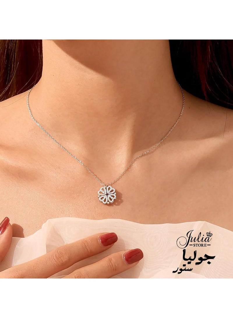 Julia Store 2-In-1 Lucky Clover Leaf Cute Heart Necklace Tiny 18k White Gold Plated Heart Pendant Choker Small Gold Love Open Heart Chain Necklace for Women Dainty Necklace Gifts - Image 3