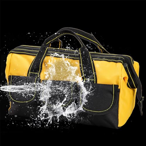 Mezchi 3 Pack Tool Bag, Wide Mouth Tool Tote Bag with Waterproof Base, Heavy Duty Tool Storage Bag Organizer for Various Tools, 5 Pockets, Blue, Yellow, Red, 12 Inch - Image 3