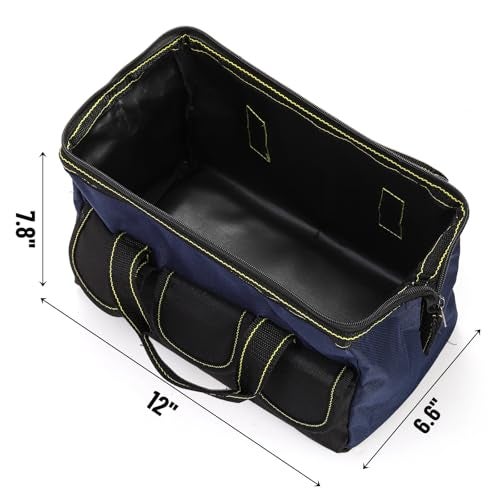 Mezchi 3 Pack Tool Bag, Wide Mouth Tool Tote Bag with Waterproof Base, Heavy Duty Tool Storage Bag Organizer for Various Tools, 5 Pockets, Blue, Yellow, Red, 12 Inch - Image 2