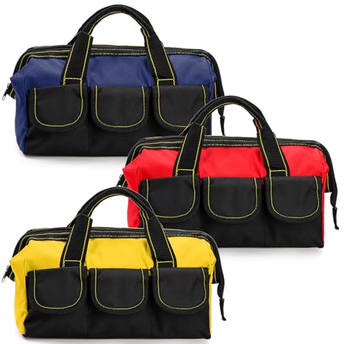 Mezchi 3 Pack Tool Bag, Wide Mouth Tool Tote Bag with Waterproof Base, Heavy Duty Tool Storage Bag Organizer for Various Tools, 5 Pockets, Blue, Yellow, Red, 12 Inch - Image 5