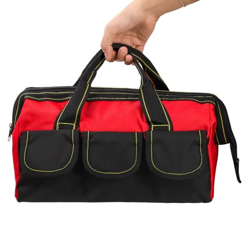 Mezchi 3 Pack Tool Bag, Wide Mouth Tool Tote Bag with Waterproof Base, Heavy Duty Tool Storage Bag Organizer for Various Tools, 5 Pockets, Blue, Yellow, Red, 12 Inch - Image 4