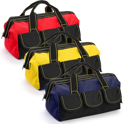 Mezchi 3 Pack Tool Bag, Wide Mouth Tool Tote Bag with Waterproof Base, Heavy Duty Tool Storage Bag Organizer for Various Tools, 5 Pockets, Blue, Yellow, Red, 12 Inch - Image 1