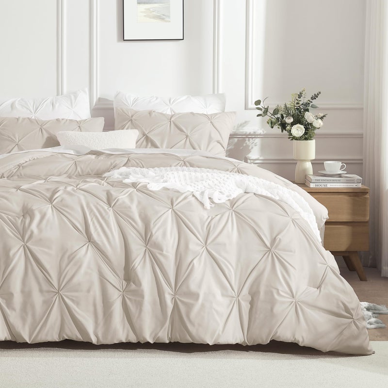 Andency Beige Comforter Set Full79x90Inch 3 Pieces Lightweight and Soft Comforter Set All Season Microfiber Pinch Pleat Bedding