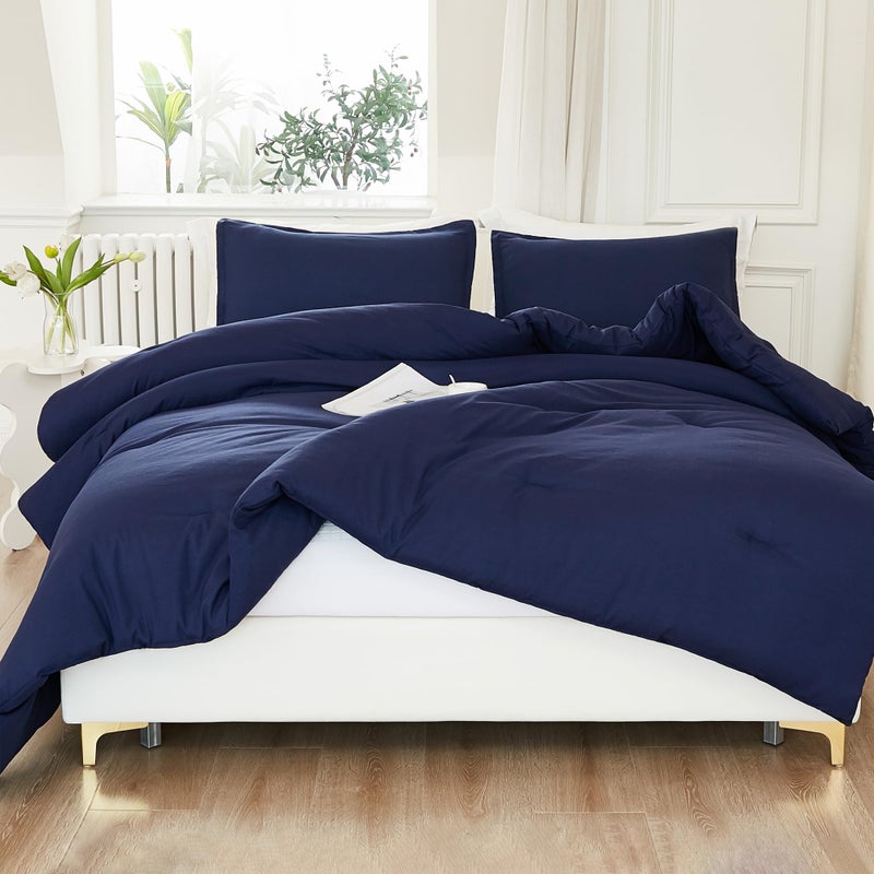 Litanika Litanika Navy Blue Comforter Set King Size  3 Pieces Lightweight Solid Bedding Comforter Set  All Season Fluffy Bed Set (104x90In Comforter & 2 Pillowcases)  - Image 1