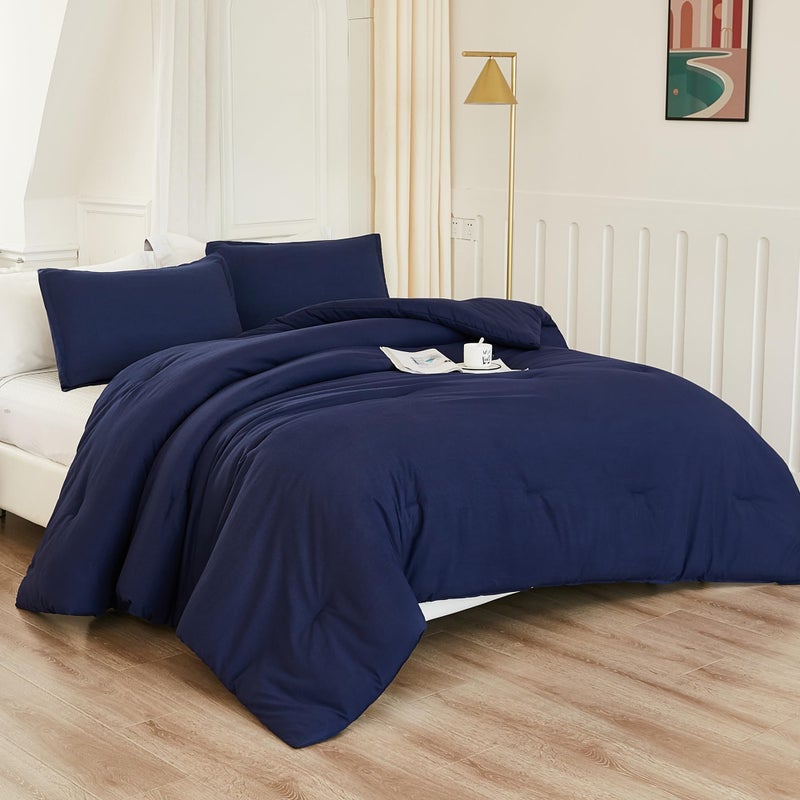 Litanika Litanika Navy Blue Comforter Set King Size  3 Pieces Lightweight Solid Bedding Comforter Set  All Season Fluffy Bed Set (104x90In Comforter & 2 Pillowcases)  - Image 2