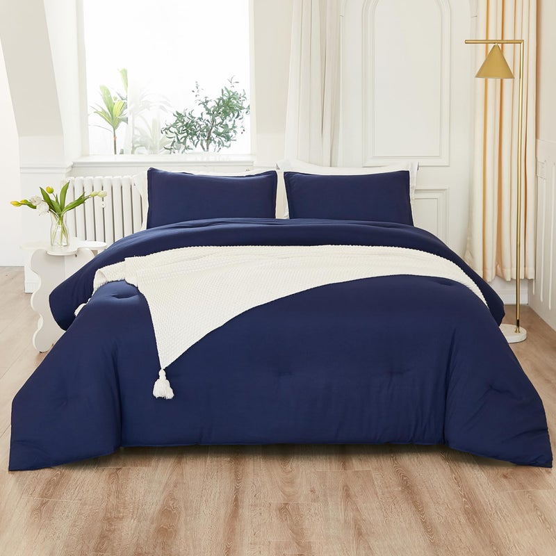 Litanika Litanika Navy Blue Comforter Set King Size  3 Pieces Lightweight Solid Bedding Comforter Set  All Season Fluffy Bed Set (104x90In Comforter & 2 Pillowcases)  - Image 3