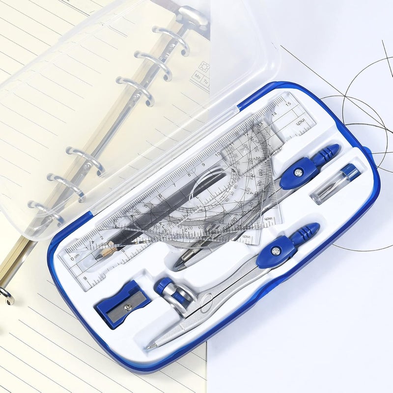 Unjoo Math Geometry Kit Sets 10 Piece Student Supplies with Shatterproof Storage Box,Includes Rulers,Protractor,Compass,Eraser,Pencil Sharpener,Lead Refills,Pencil,for Drafting and Drawings（Navy blue） - Image 3