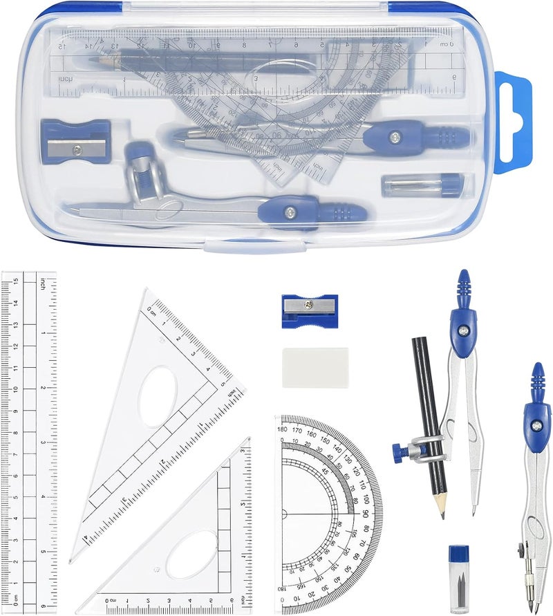 Unjoo Math Geometry Kit Sets 10 Piece Student Supplies with Shatterproof Storage Box,Includes Rulers,Protractor,Compass,Eraser,Pencil Sharpener,Lead Refills,Pencil,for Drafting and Drawings（Navy blue） - Image 2