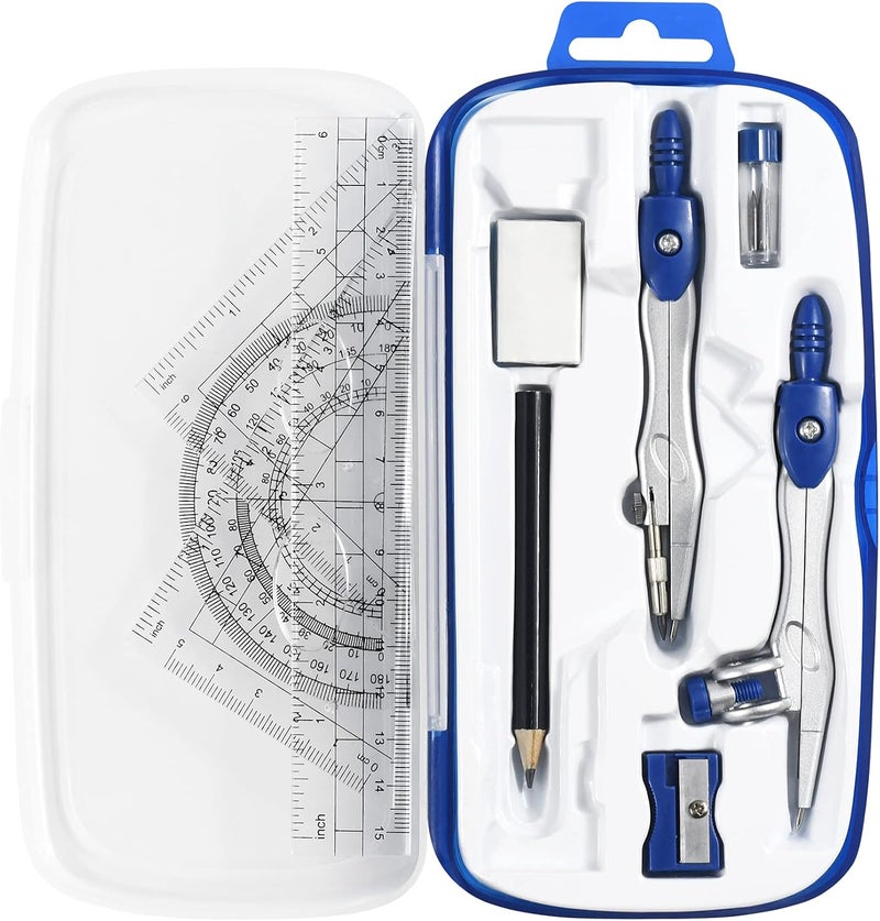 Unjoo Math Geometry Kit Sets 10 Piece Student Supplies with Shatterproof Storage Box,Includes Rulers,Protractor,Compass,Eraser,Pencil Sharpener,Lead Refills,Pencil,for Drafting and Drawings（Navy blue） - Image 1