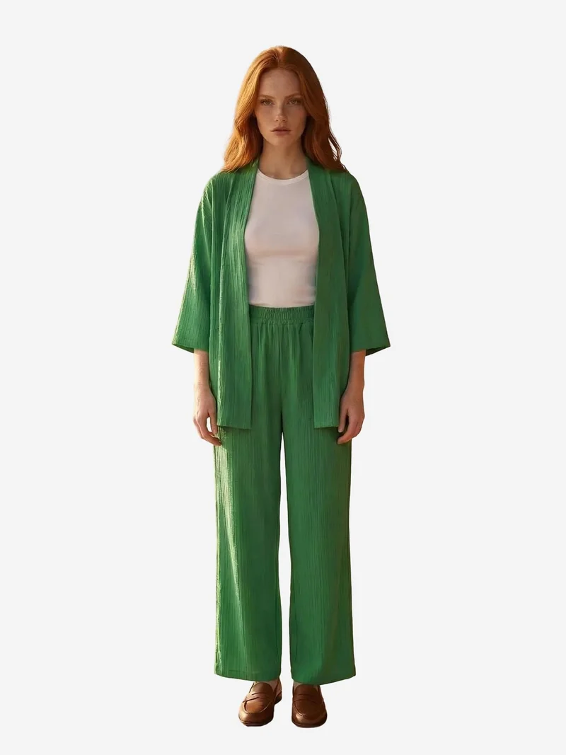 My Fashion Pine Green MY FASHION Long Sleeve Blouse & Mid Waist Wide Leg Pants Co-ord Set for Women | Best Price UAE