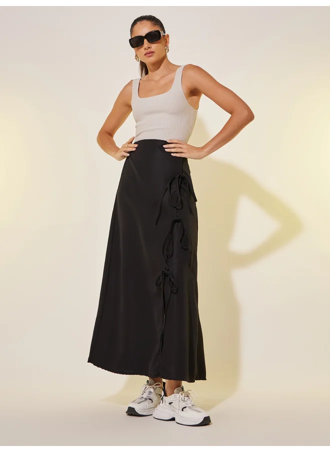 تايك تو Take Two Solid Tie Detail Wrap Look A-Line Maxi Skirt
