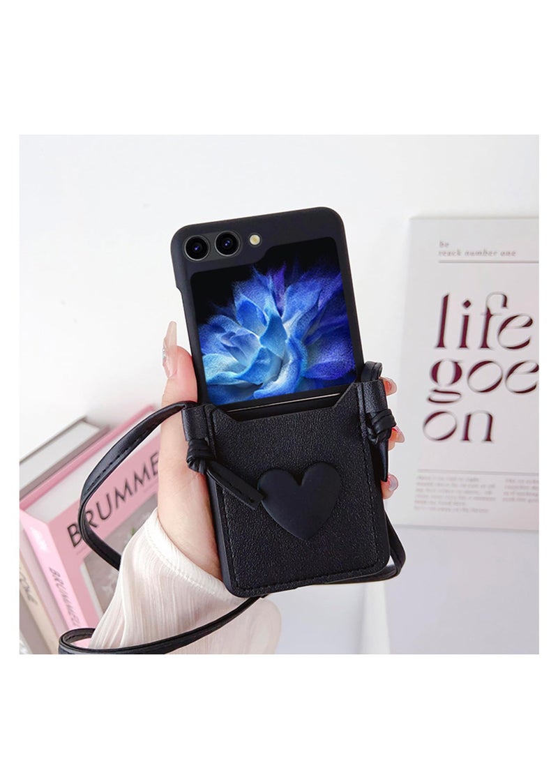 Aookay Compatible with Samsung Galaxy Z Flip 5, with Love Card Holder Strap Lanyard, Leather Fiber and PC Material, Wallet Phone Case Cover, with Shoulder Strap Neck Cord, Case for Galaxy Z Flip 5  - Image 1
