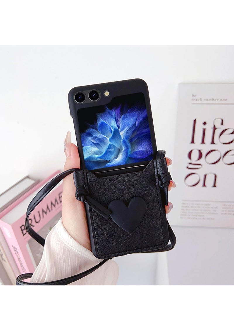 Aookay Compatible with Samsung Galaxy Z Flip 5, with Love Card Holder Strap Lanyard, Leather Fiber and PC Material, Wallet Phone Case Cover, with Shoulder Strap Neck Cord, Case for Galaxy Z Flip 5  - Image 4