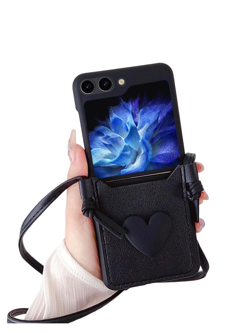 Aookay Compatible with Samsung Galaxy Z Flip 5, with Love Card Holder Strap Lanyard, Leather Fiber and PC Material, Wallet Phone Case Cover, with Shoulder Strap Neck Cord, Case for Galaxy Z Flip 5  - Image 5