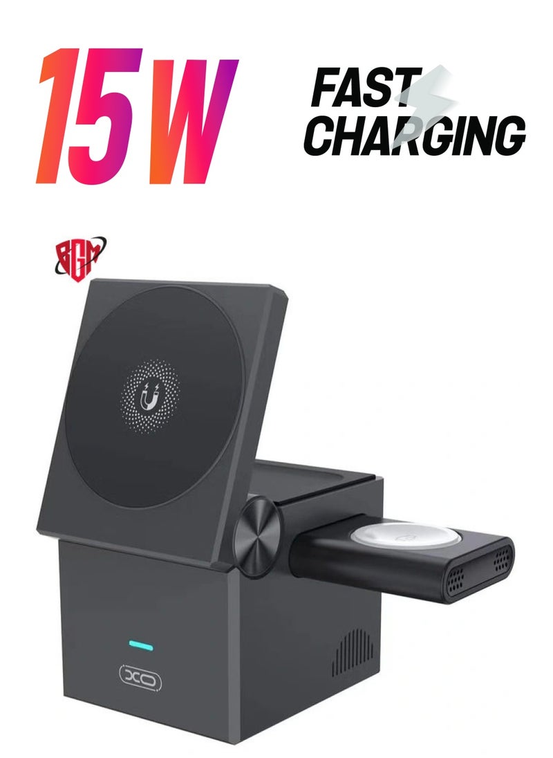 BGM - 3-in-1 Cube with MagSafe 15W Fast Charging Foldable Wireless Charger Station for iPhone, Apple Watch, and AirPods Pro - Image 1