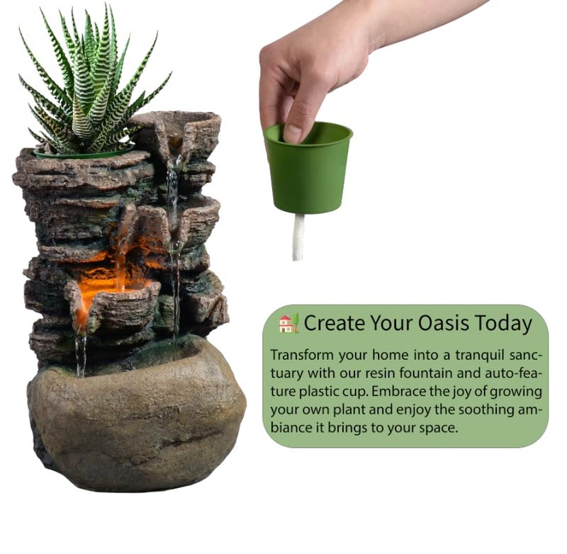 Haobos Indoor Fountain 4-Bowl Rockery Soothing Sound Tabletop Fountains Home/Office Decor with a Small Plastic Pot to Grow The Plant by Yourself(Automatic Watering) - Image 3