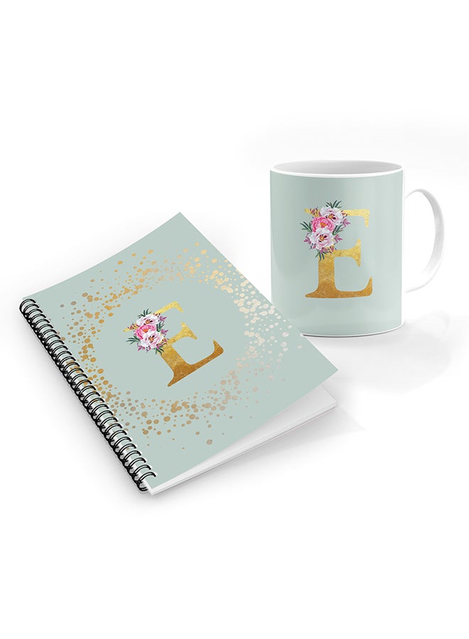 Stylizedd Printed Coffee Mug + A5 Spiral Notebook Memo Personalised Combo Gift Set -Custom Monogram Initial Letter Floral Pattern Alphabet - E  ( Light Green )