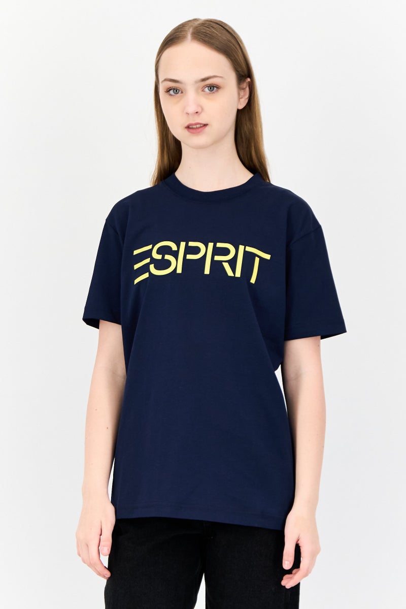 ESPRIT Women Crew Neck Short Sleeve Brand Logo T-Shirt, Navy - Image 1