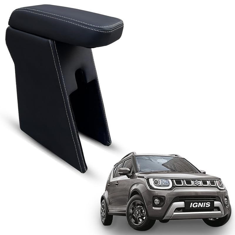 Carigiri Premium Finish Car Armrest with Storage Box And High Density Moulded Foam For Maruti Suzuki ignis (Black with White Stitching,Nappa Leatherette) - Image 1