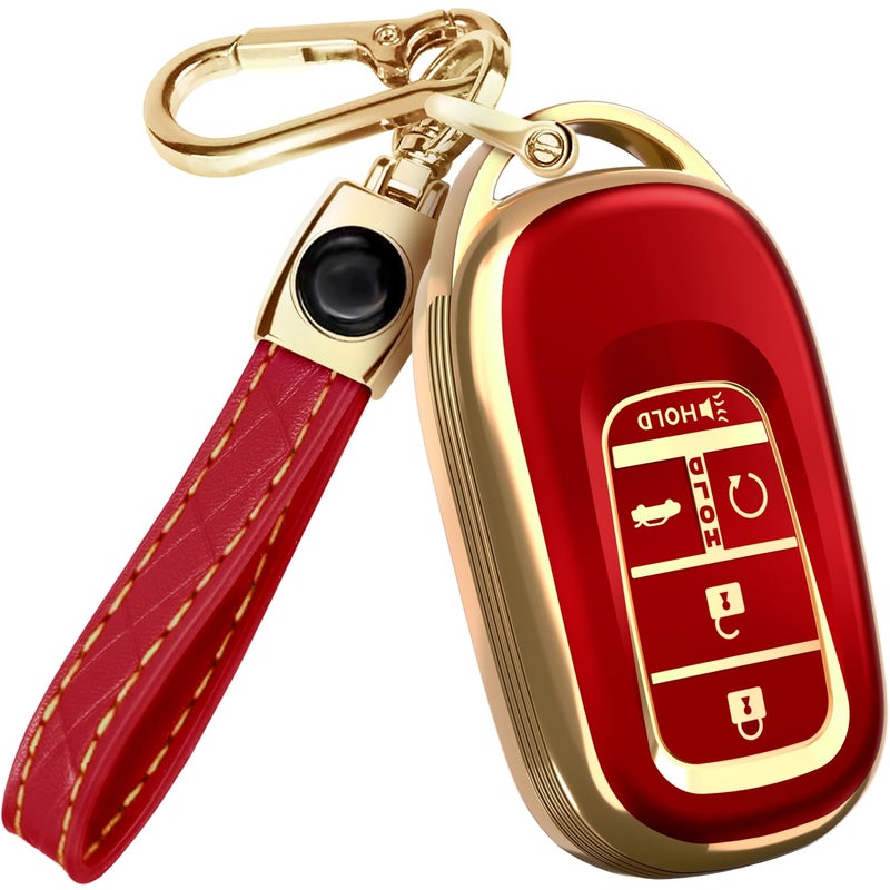 Lucrum Compatible with Honda Key Fob Cover & Leather Keychain - TPU Keyfob Case for Accord Civic CR-V HR-V Pilot Ridgeline, For 5 Button Remote (2022-2026) - Red and Gold - Image 1