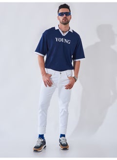 Maniac Mens Printed Polo Neck 3/4th Sleeve Navy and White Cotton Oversized Fit T-Shirt  - Image 3